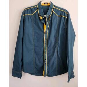 Coofandy Mens Shirt Large Green Long Sleeve Western Button Down Yellow Piping